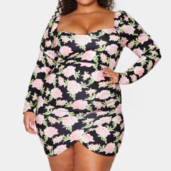 PrettyLittleThing Women Plus 16 Black Rose Print Puff Shoulder Bodycon Dress NWT - Picture 1 of 11